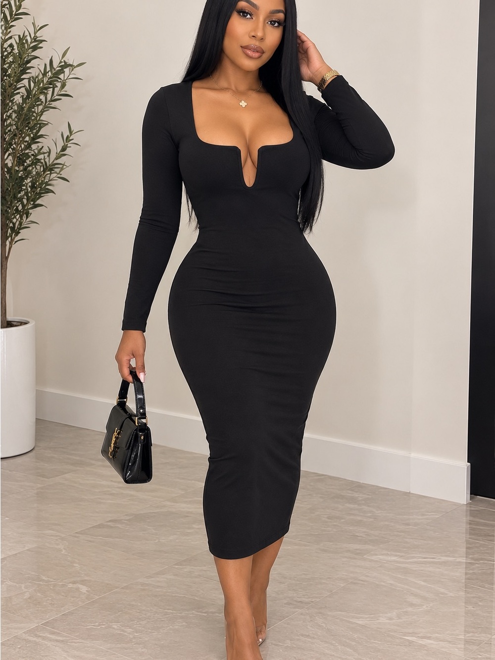 Good American Black Long Sleeve Bodycon Midi Dress with Notch Neckline